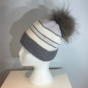 Chaos striped knit beanie genuine fur pom pom fleece lined NWOT